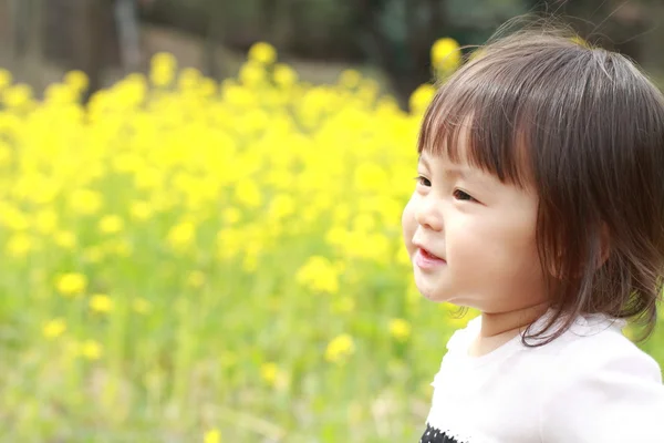 Japon bebek kız (1 yaşında) ve sarı alan hardal — Stok fotoğraf