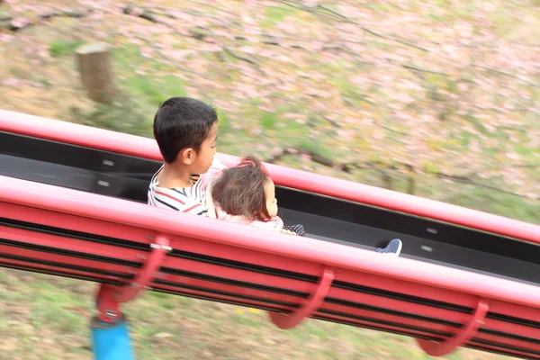 Japonés hermano y hermana en la diapositiva (6 años de edad niño y 1 año de edad niña ) —  Fotos de Stock