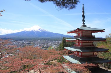 Mt. Fuji ve kiraz çiçekleri beş katlı pagoda Arakura yama Sengen parkı ile