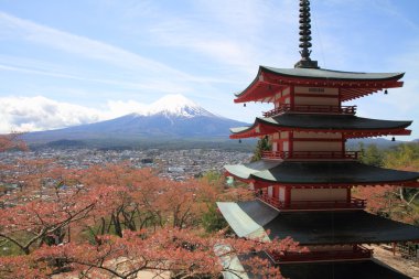 Mt. Fuji ve kiraz çiçekleri beş katlı pagoda Arakura yama Sengen parkı ile