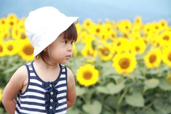 Ιαπωνικά κορίτσι και ηλιέλαιο πεδίο (1 χρονών) — Φωτογραφία Αρχείου
