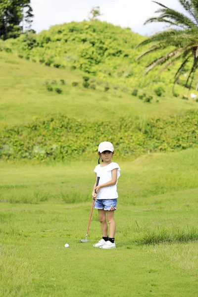 Menina Japonesa Jogando Com Colocando Golfe Anos Idade — Fotografia de Stock