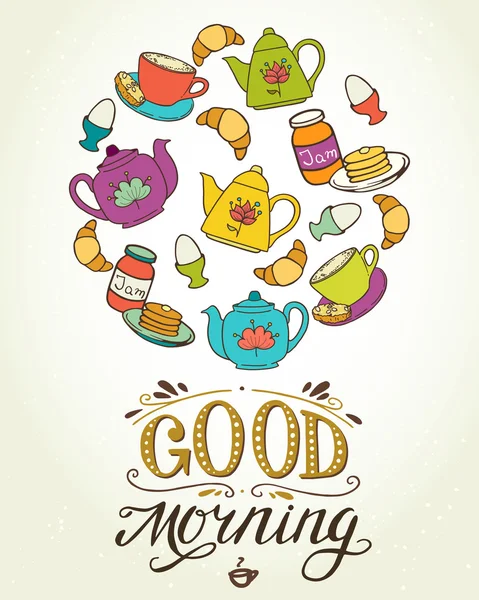 Ontbijt set, 'Good morning' belettering. — Stockvector