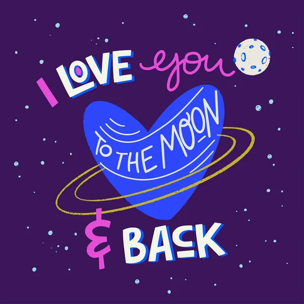 Love You Moon Back Hand Lettering Typography Poster Romantic Quote — Stockvector