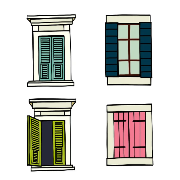 Reihe Von Handgezeichneten Skizzenhaften Italienischen Fenstern Isoliert Auf Weißem Hintergrund — Stockvektor