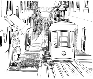 Sakin Lizbon sokakta bir tramvay ile
