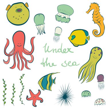 Elle çizilmiş deniz sakinleri kümesi.