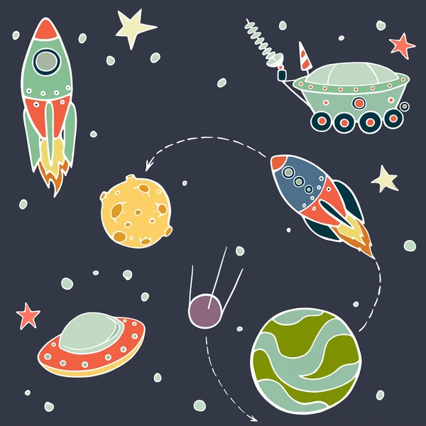 Set di elementi spaziali dei cartoni animati — Vettoriale Stock