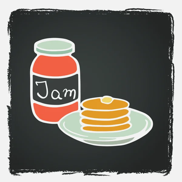 Jar with jam and stack of pancakes — Stock Vector