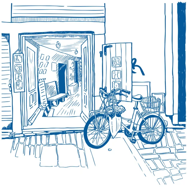 Rua da cidade com loja de souvenirs e bicicleta —  Vetores de Stock
