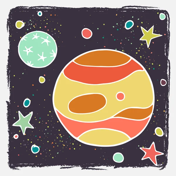 Kreslený planeta Jupiter, Callisto a hvězdy. — Stockový vektor