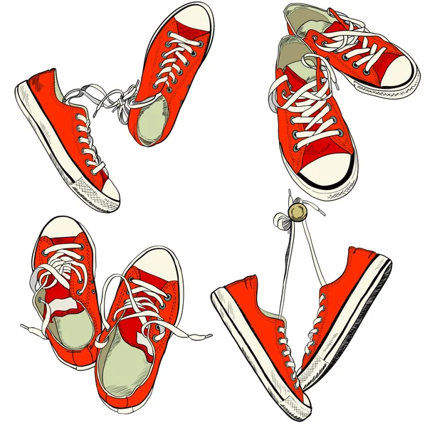 Vier paar rode sneakers — Stockvector