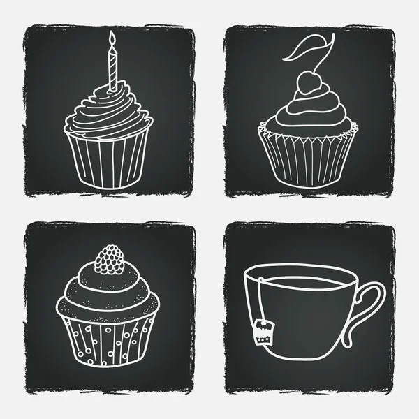 纸杯蛋糕和杯茶 — 图库矢量图片