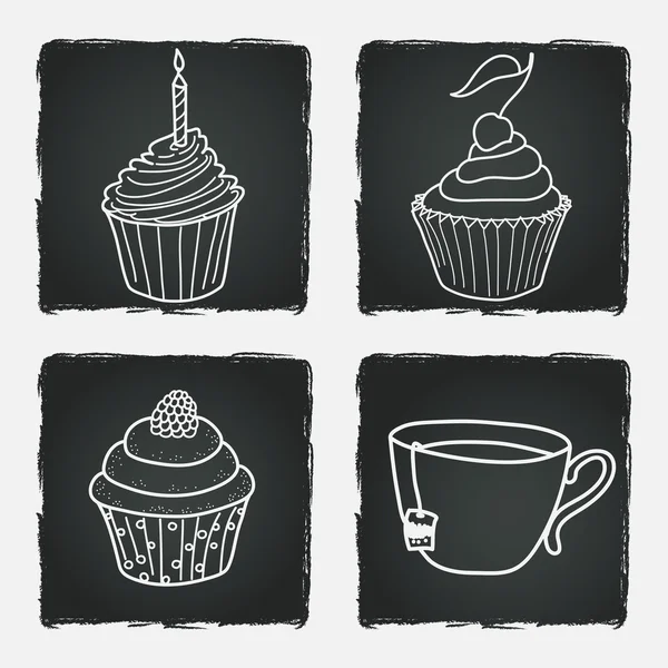 Pasteles y taza de té — Vector de stock