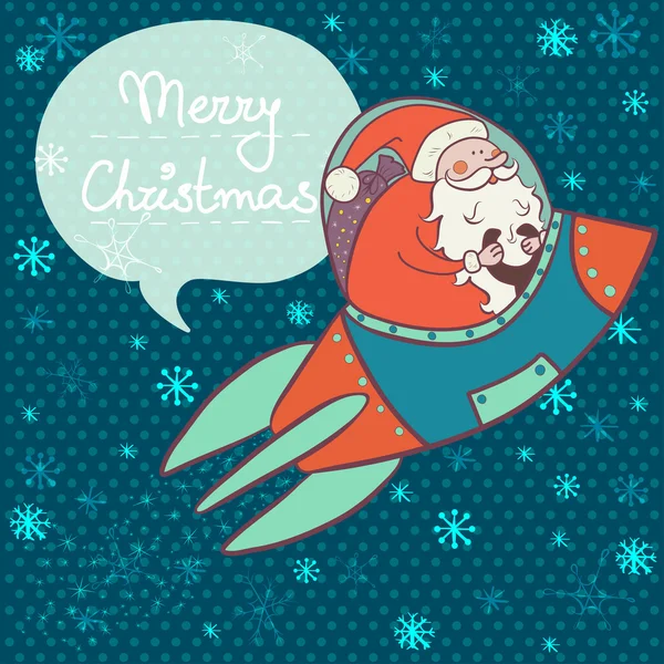 Santa Claus volando en cohete espacial . — Vector de stock