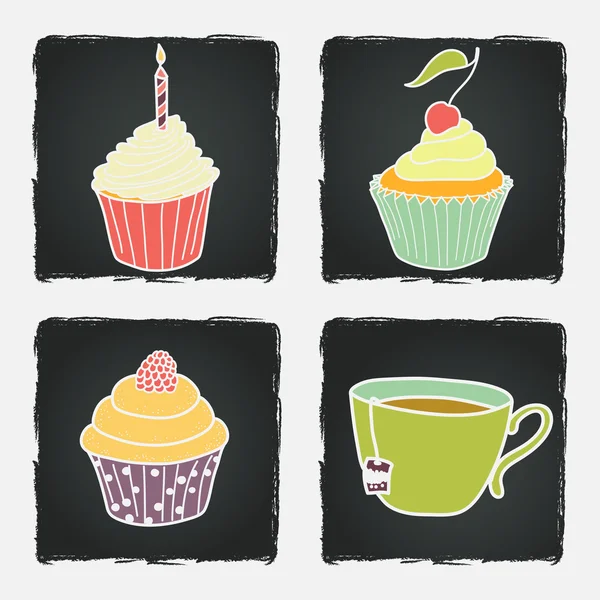 Cupcakes and cup of tea — Stock Vector