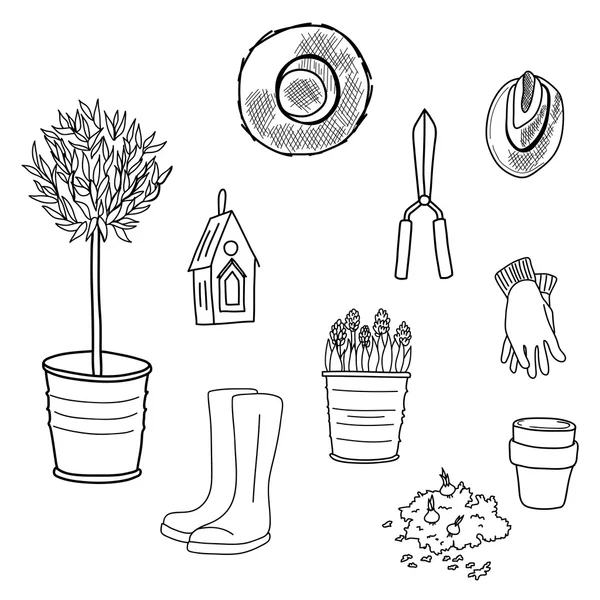 Outils de jardin dessinés à la main — Image vectorielle