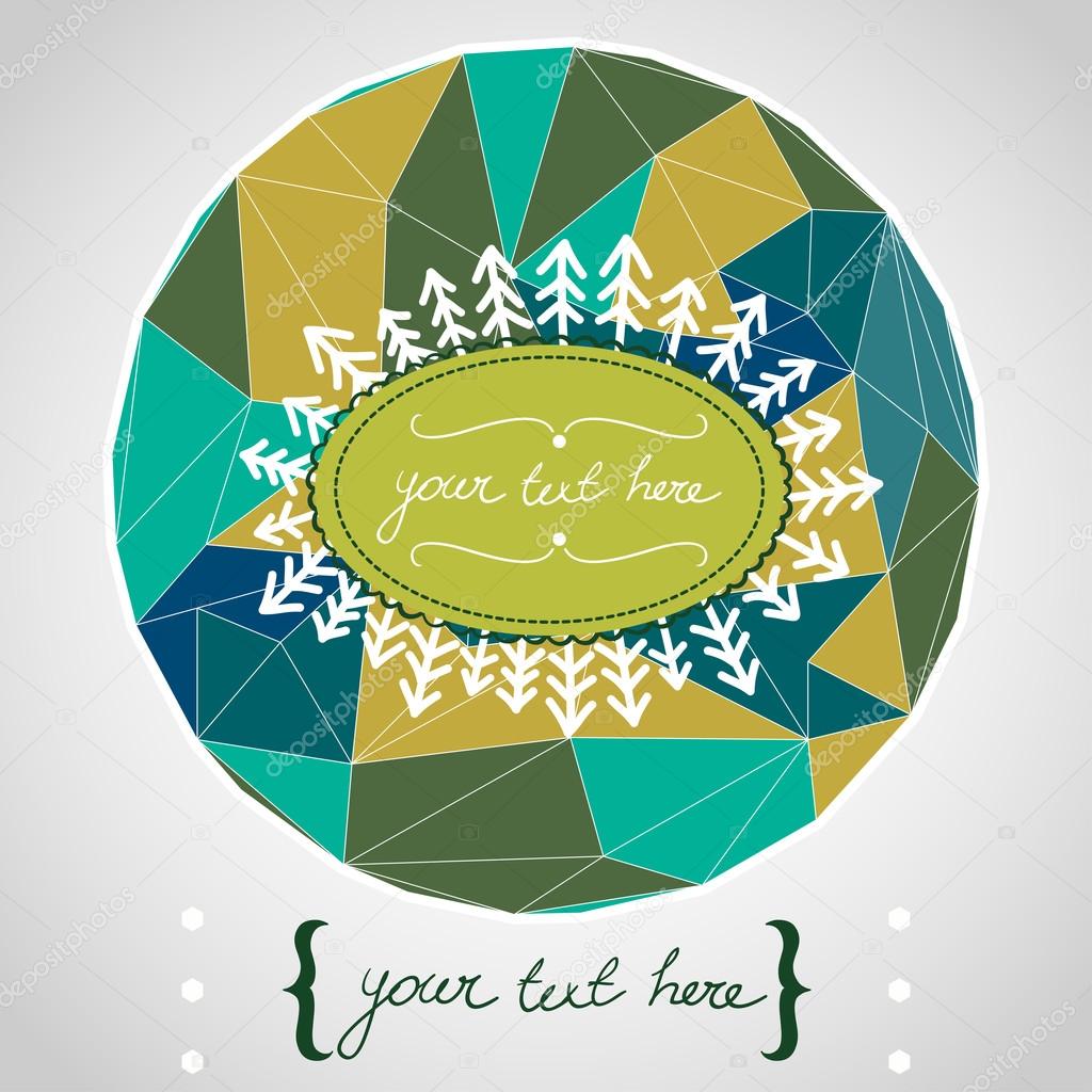 Circle composition made of geometric shapes. Label design. Hand drawn childish doodle trees and frame for the text in the middle. Vector illustration.