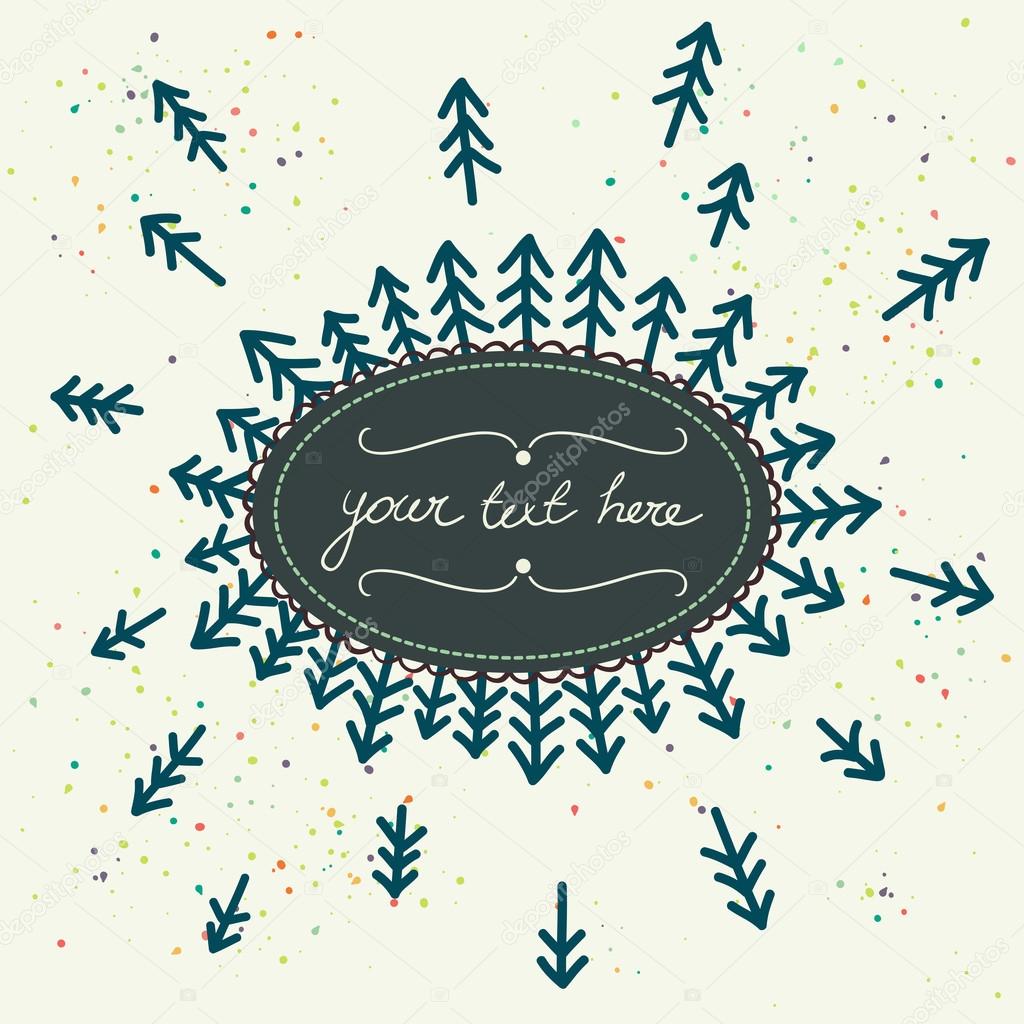 Hand drawn card with childish doodle trees and frame for the text in the middle. Vector illustration.