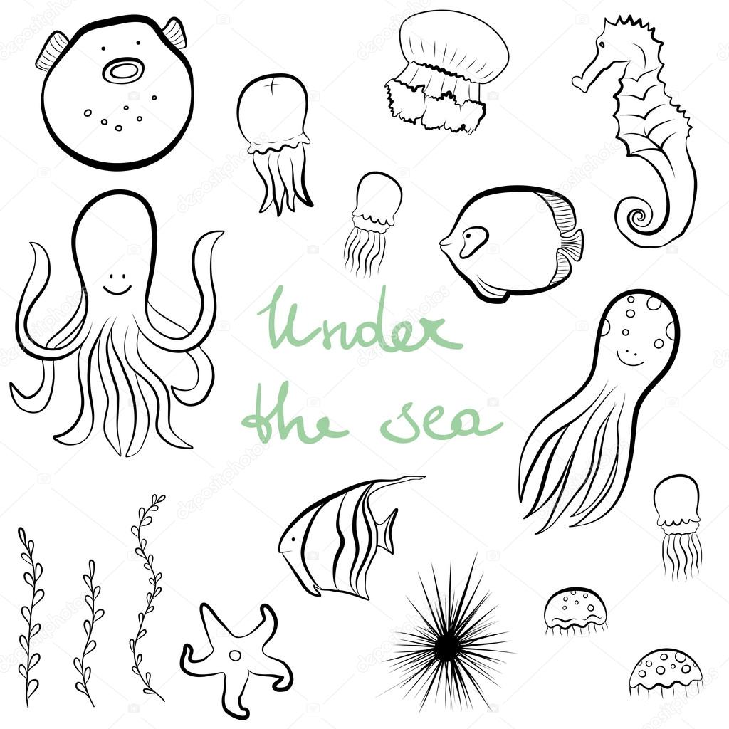 Set of hand drawn sea dwellers.