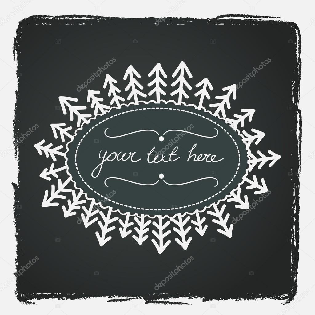 Hand drawn card with childish doodle trees and frame for the text in the middle on chalkboard background. Vector illustration.
