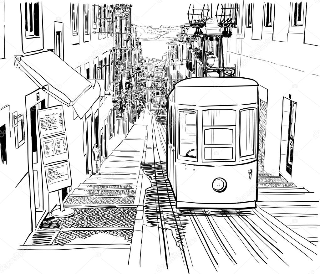 Quiet Lisbon street with a tram