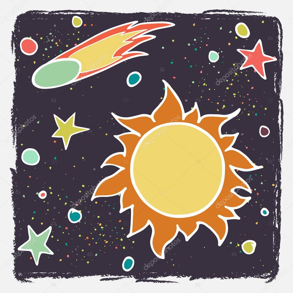 Cartoon sun, comet and stars.