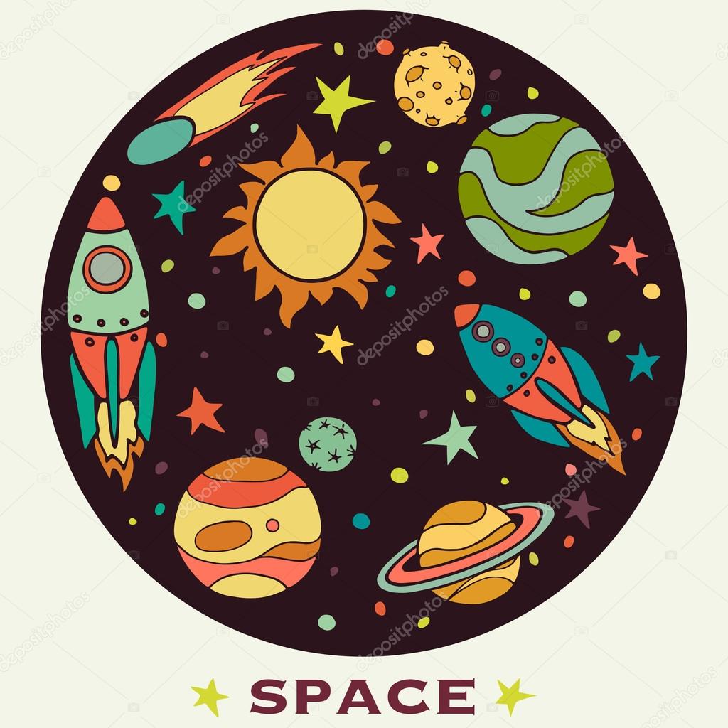 Cartoon space elements in circle