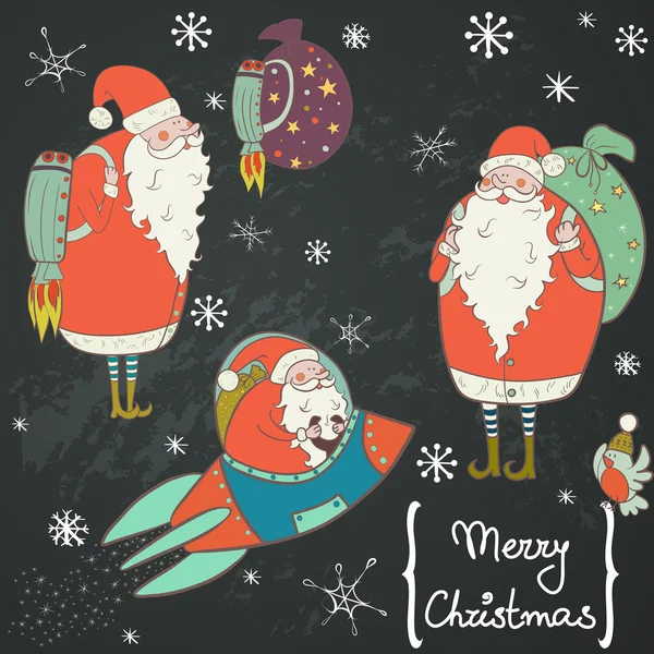 Funny cartoon Santa and bird set. — Stock Vector