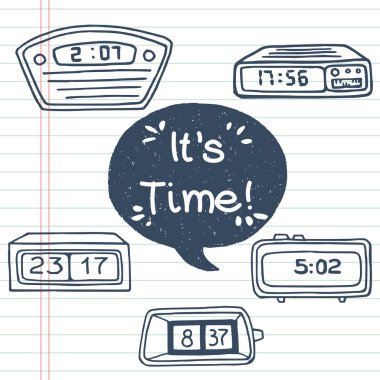 cartoon alarm clocks and speech bubble
