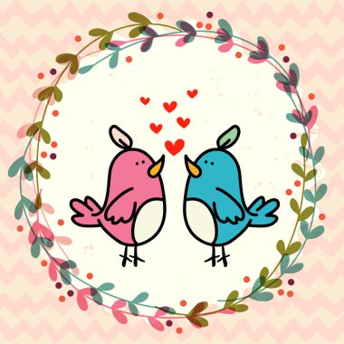 birds couple in love and floral frame