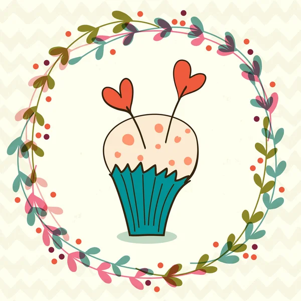 Cartoon doodle cupcake and floral frame — Stok Vektör