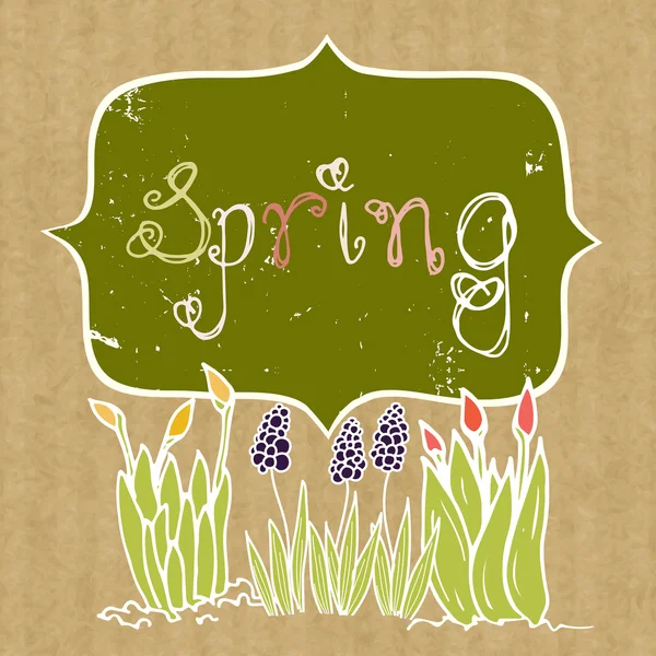 Fondo primavera con fiori che crescono doodle — Vettoriale Stock