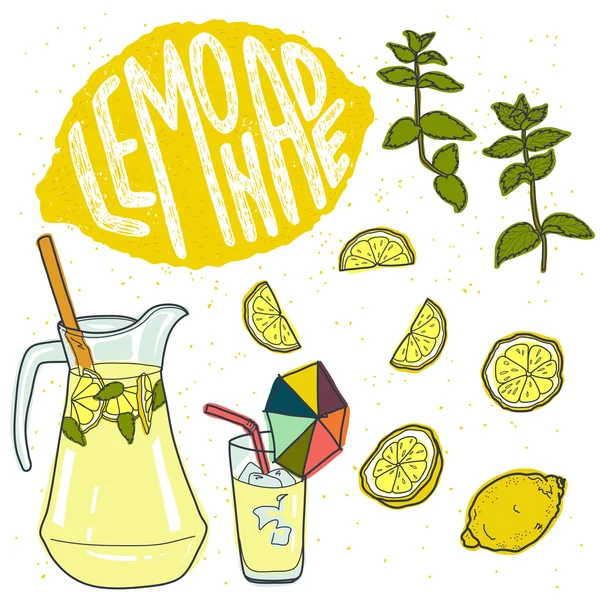 Summer set with lemonade and ingredients.