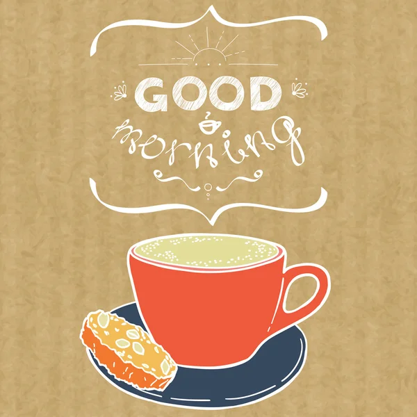 Kopje cappuccino en belettering Good Morning — Stockvector