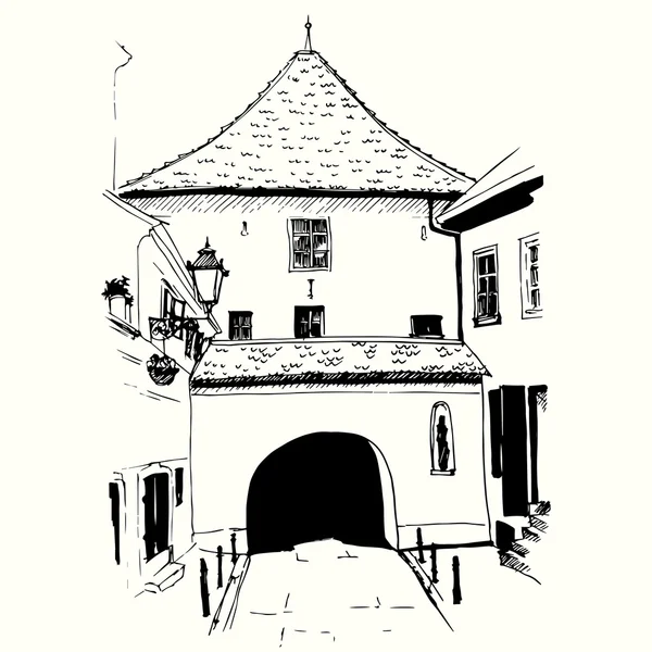 ヨーロッパの町の古い家屋と静かな通り視点 — ストックベクタ