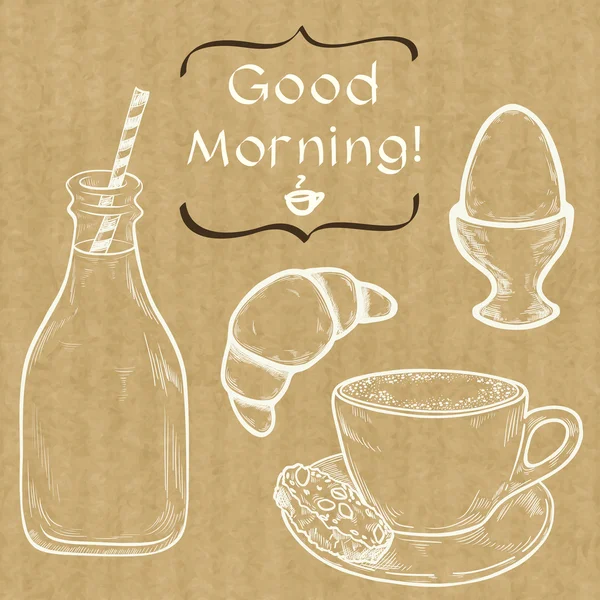 Café da manhã, ovo cozido e leite —  Vetores de Stock