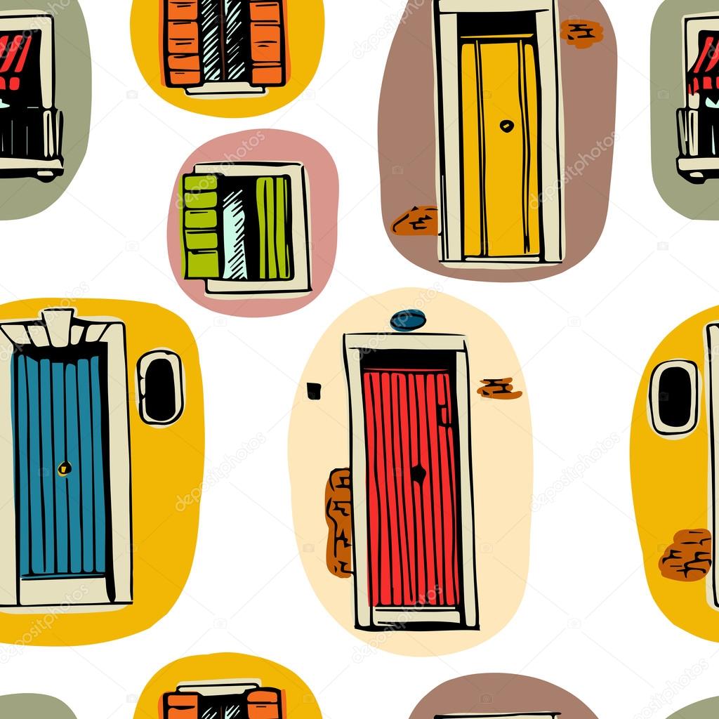Seamless pattern with colorful doors and windows