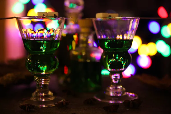 View Alcohol Glasses Bottle Green Absinthe Drink Colorful Vibrant Bright — Stock Photo, Image