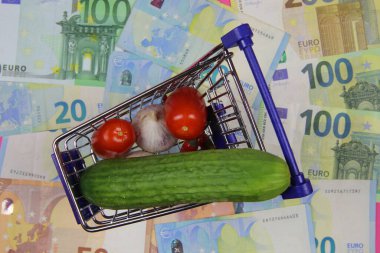 Taze yiyeceğe sahip alışveriş arabası modeli, bulanık euro para para birimi geçmişi - harcama ve satın alma gücü, satın alma değeri kavramı (merkezdeki domatese odaklan)