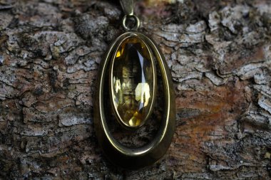 Doğal ağaç gövdesi kabuğunun üzerinde sarı sitrin kuvars değerli taşı olan izole, eski altın kolye kolyesini kapat.