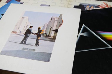 Viersen, Almanya - 1 Mayıs. 2020: Klasik Pink Floyd plak kapak koleksiyonunu kapat (ön taraftaki kapağa odaklan)
