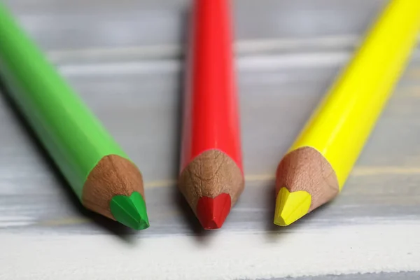 Closeup Isolated Colorful Yellow Red Green Crayons Wood Background Traffic — 스톡 사진