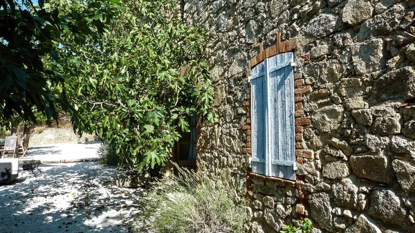 View Typical Natural Stone House Style Provencale Blue Window Shutter — Stock Photo, Image