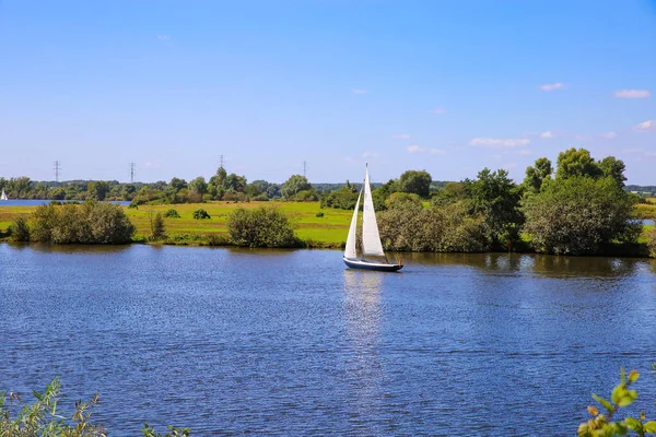 Vista Sobre Veleiro Maas Rio Asselste Plassen Asselt Paisagem Verde — Fotografia de Stock