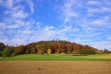 Sonbaharda Bavyera 'da manzara, renkli ağaçlar, tarlalar ve bulutlu mavi bir gökyüzünün önünde ahşap bir ev.