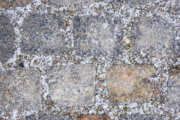Background and texture of cobblestones in winter with snow in the grout