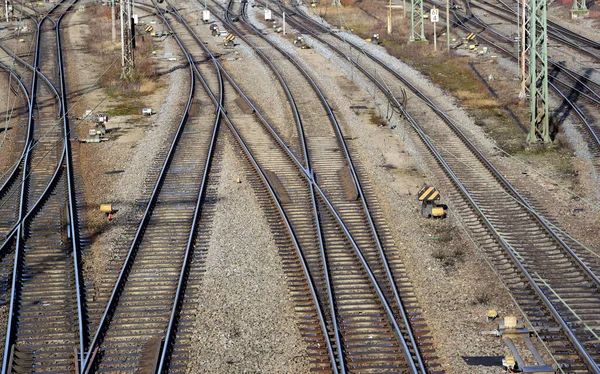 Πολλές Σιδηροδρομικές Γραμμές Διακόπτες Φωτογραφίζονται Από Ψηλά Μια Αυλή Marshalling — Φωτογραφία Αρχείου