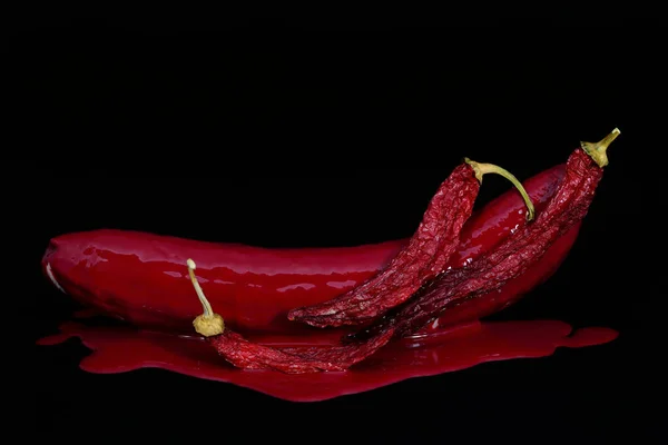 Close Still Life Peeled Banana Has Been Doused Red Paint — Stock Photo, Image