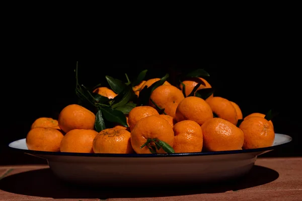 Bowl Fresh Organic Tangerines Dark Background — Stock Photo, Image